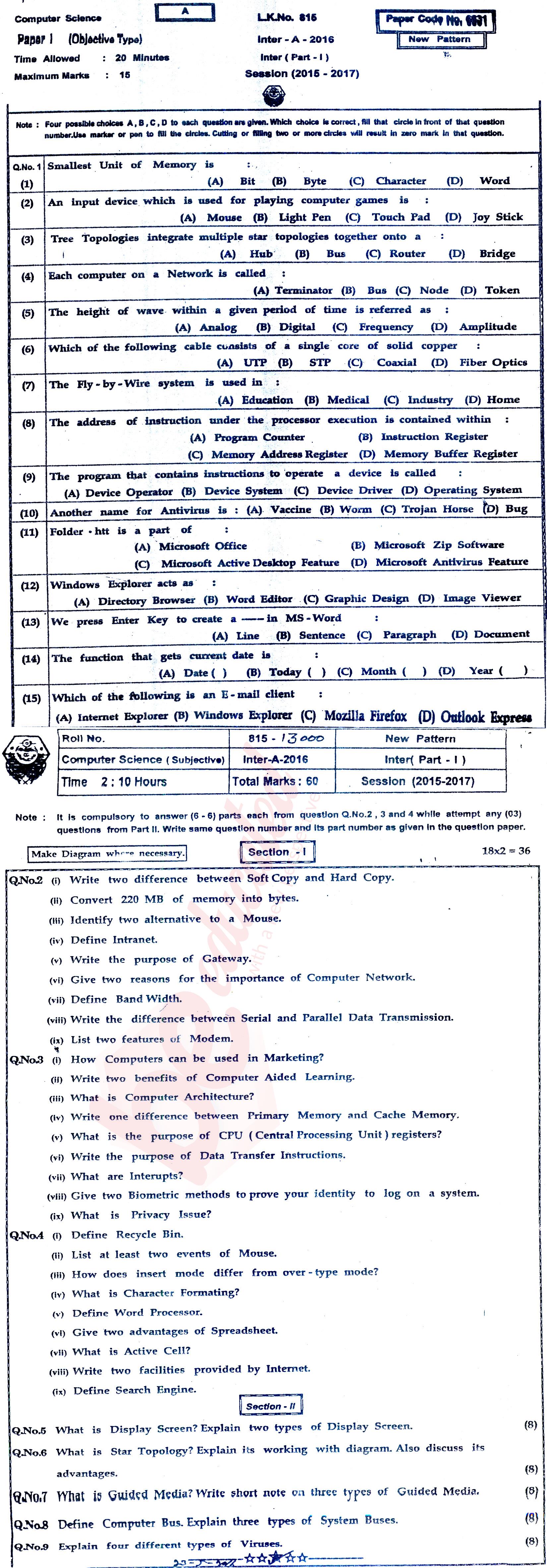 Computer Science ICS Part 1 Past Paper Group 1 BISE Bahawalpur 2016