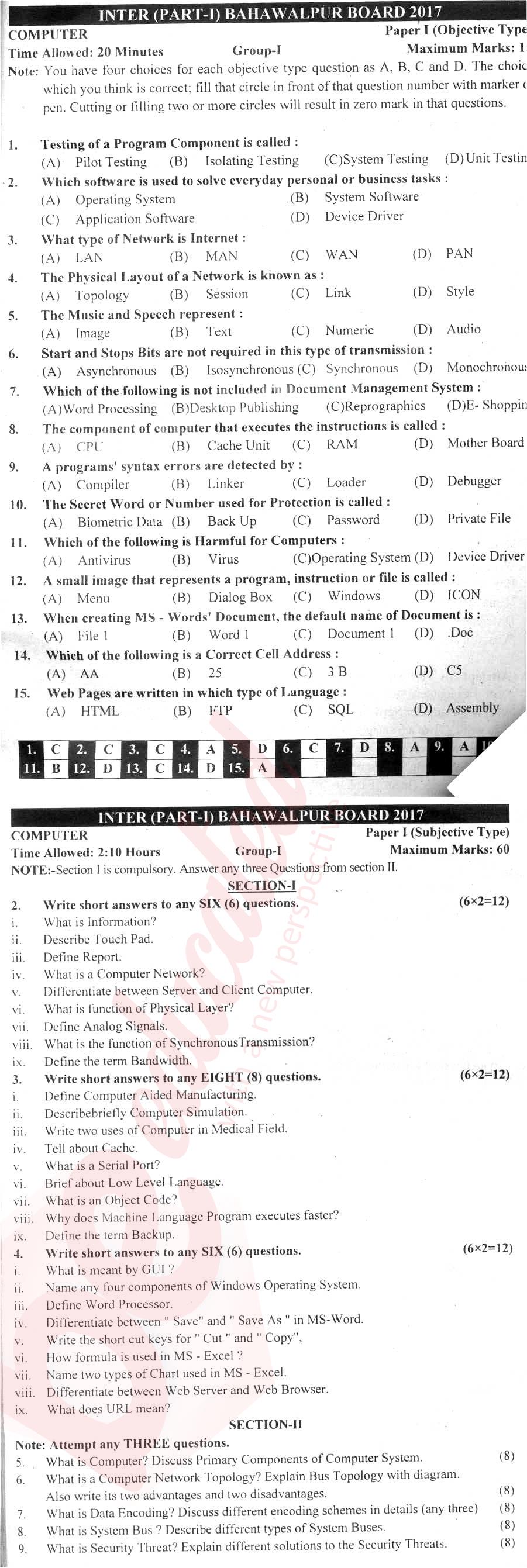 Computer Science ICS Part 1 Past Paper Group 1 BISE Bahawalpur 2017