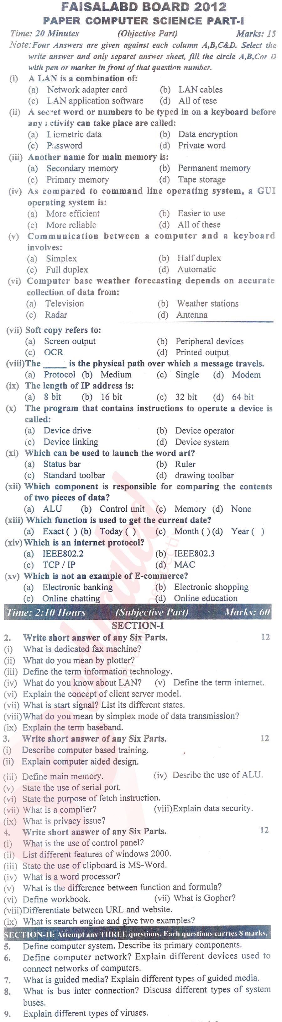 Computer Science ICS Part 1 Past Paper Group 1 BISE Faisalabad 2012