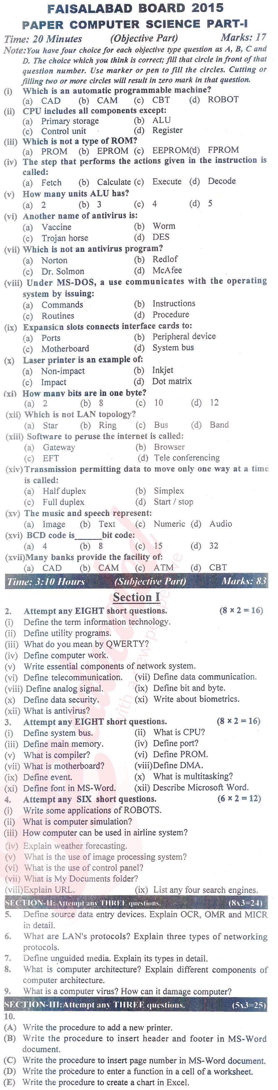Computer Science ICS Part 1 Past Paper Group 1 BISE Faisalabad 2015