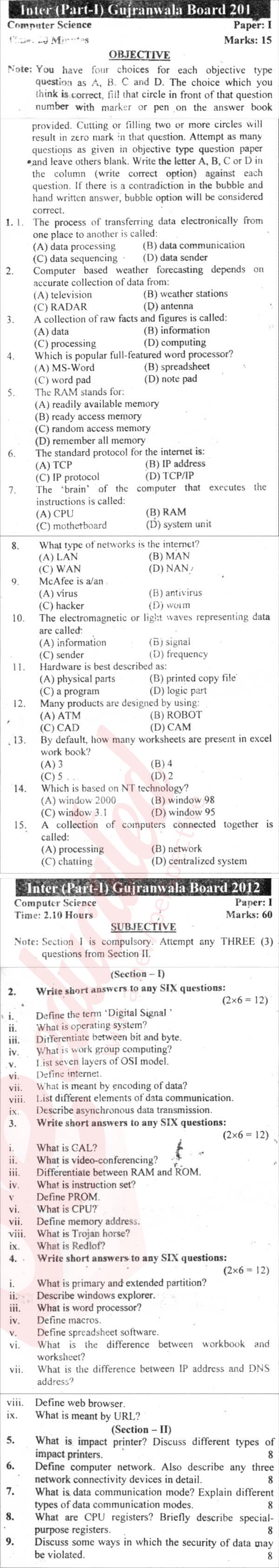 Computer Science ICS Part 1 Past Paper Group 1 BISE Gujranwala 2012
