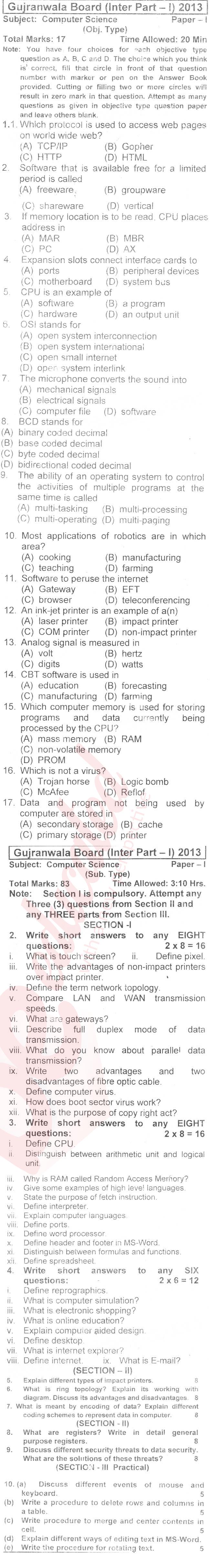 Computer Science ICS Part 1 Past Paper Group 1 BISE Gujranwala 2013