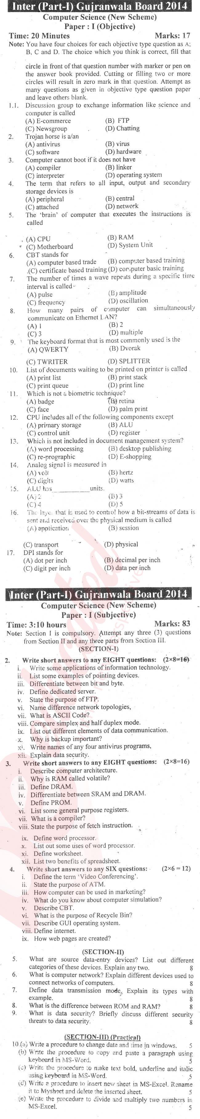 Computer Science ICS Part 1 Past Paper Group 1 BISE Gujranwala 2014