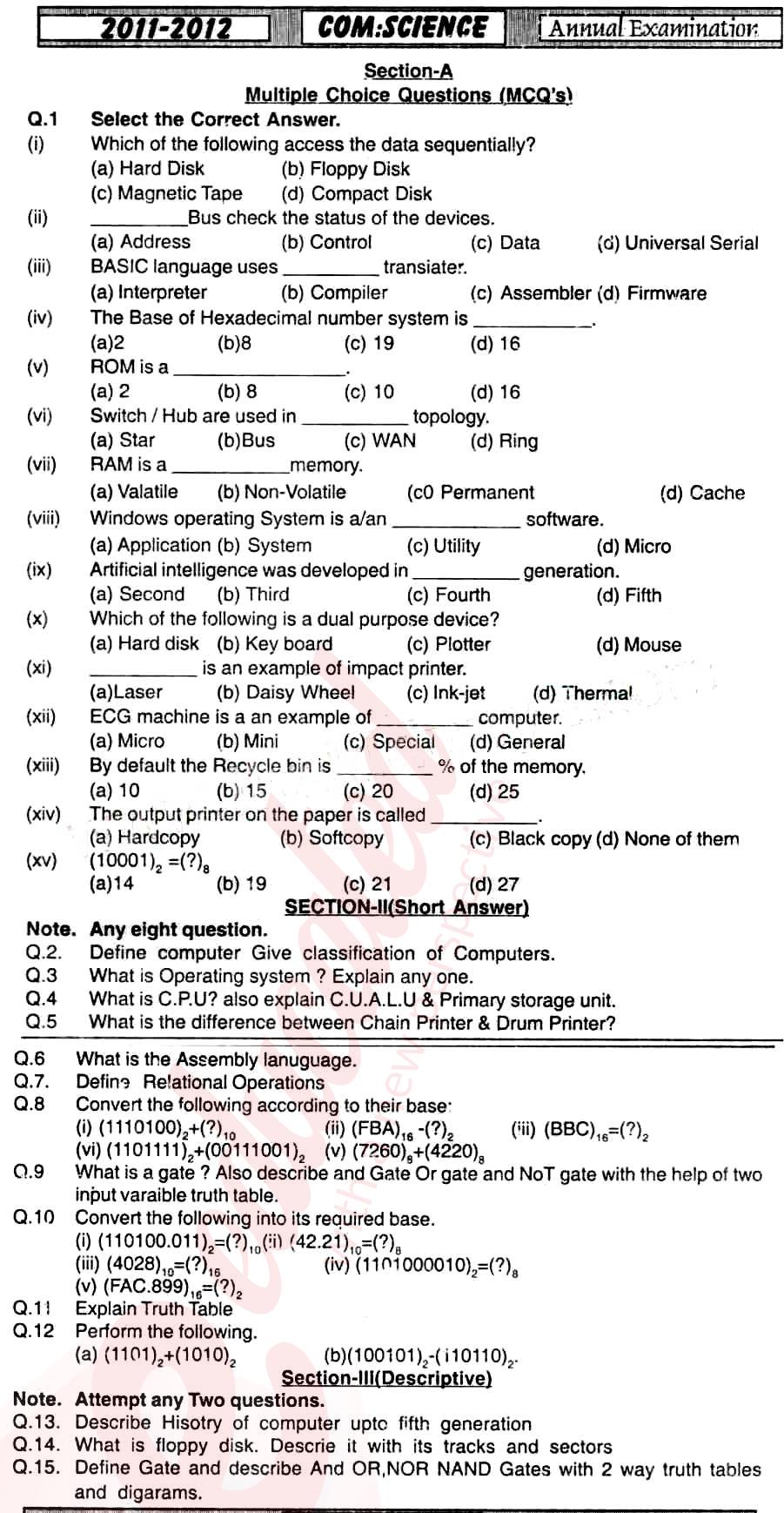 Computer Science ICS Part 1 Past Paper Group 1 BISE Hyderabad 2012