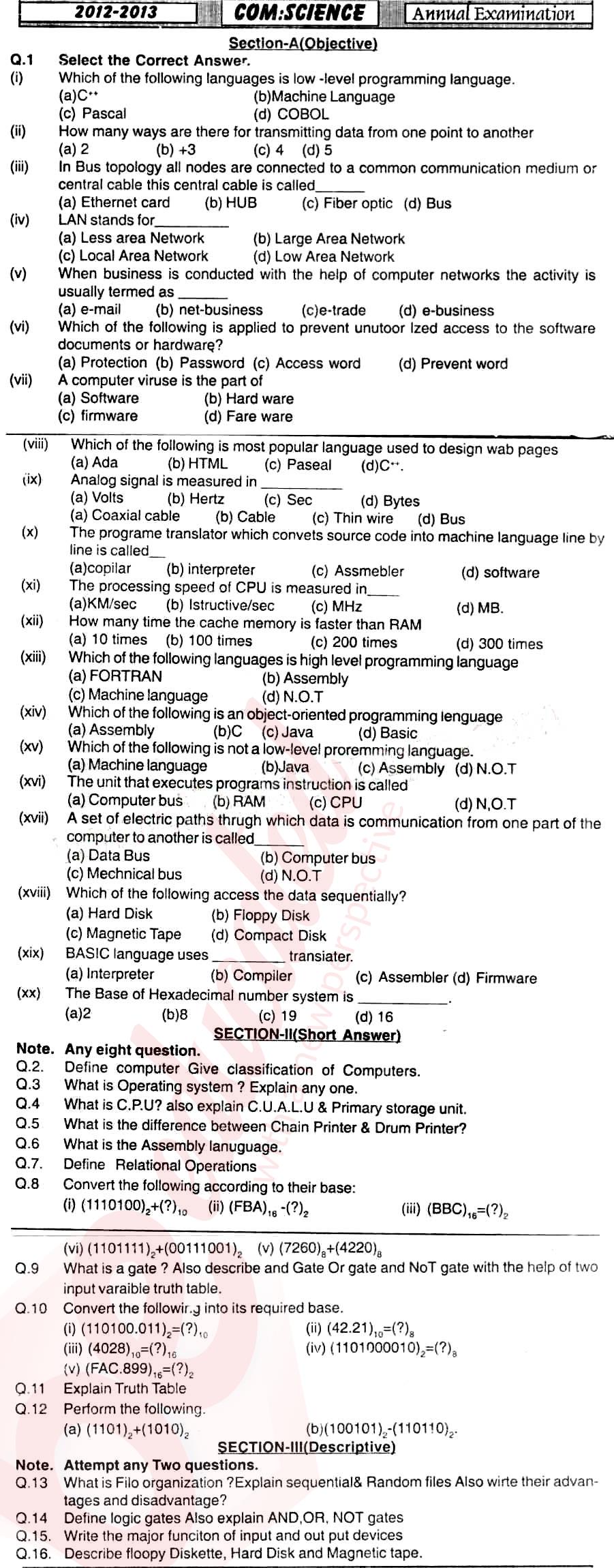 Computer Science ICS Part 1 Past Paper Group 1 BISE Hyderabad 2013