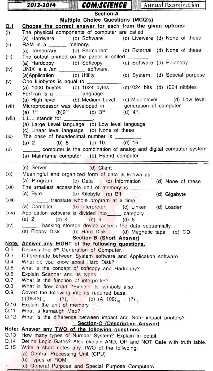 Computer Science ICS Part 1 Past Paper Group 1 BISE Hyderabad 2014