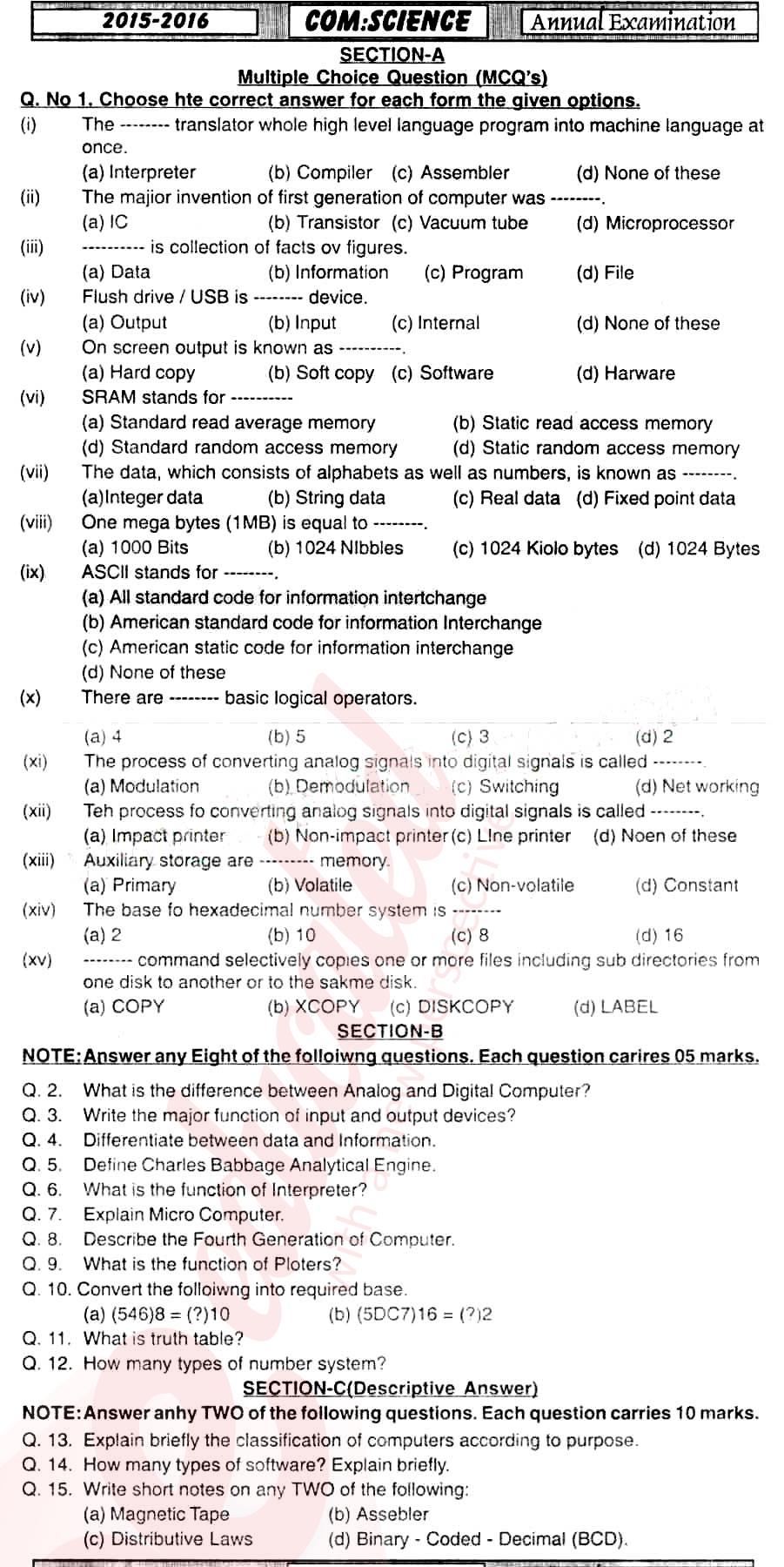 Computer Science ICS Part 1 Past Paper Group 1 BISE Hyderabad 2016