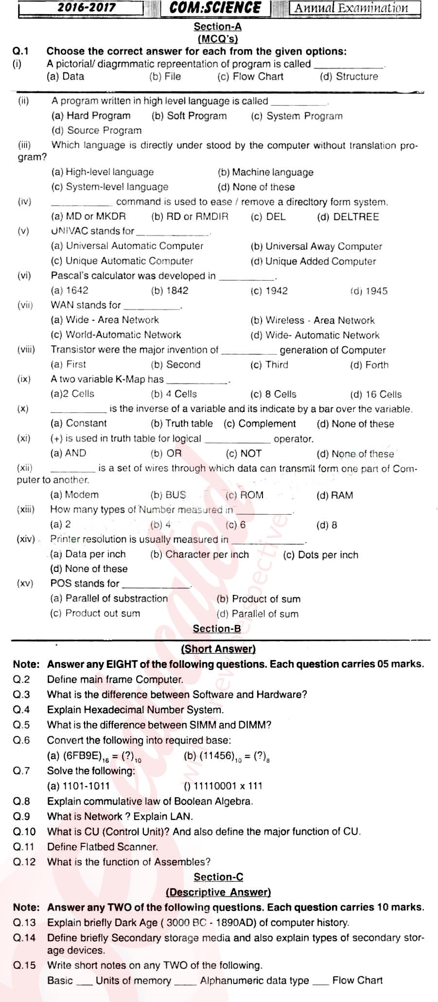 Computer Science ICS Part 1 Past Paper Group 1 BISE Hyderabad 2017