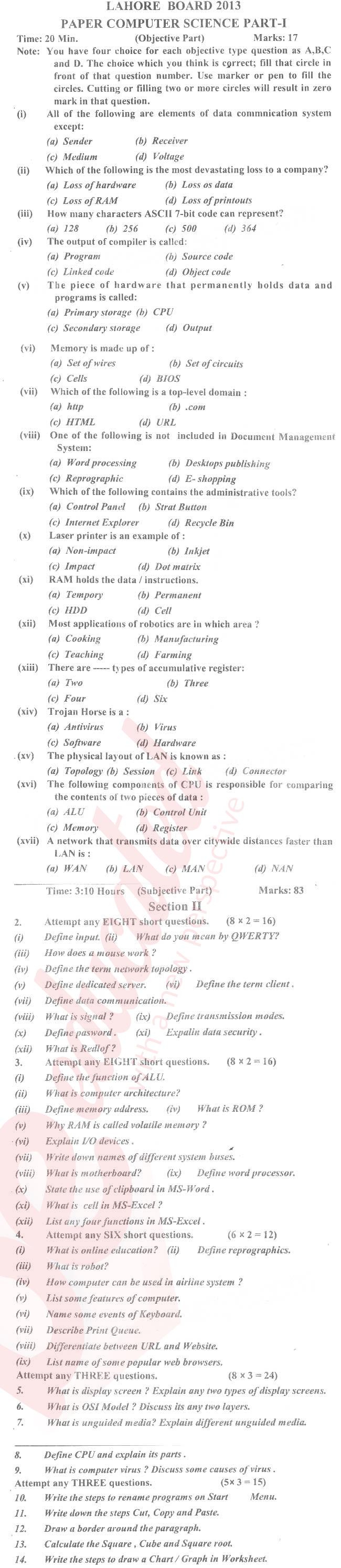 Computer Science ICS Part 1 Past Paper Group 1 BISE Lahore 2013