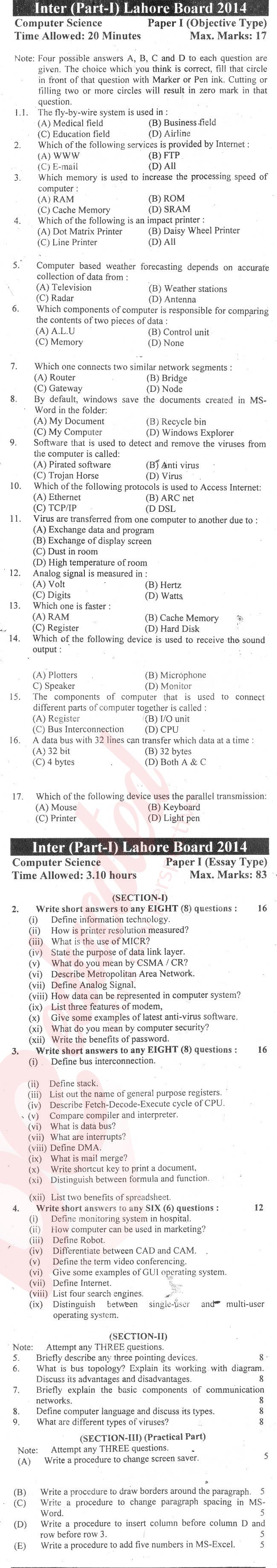 Computer Science ICS Part 1 Past Paper Group 1 BISE Lahore 2014