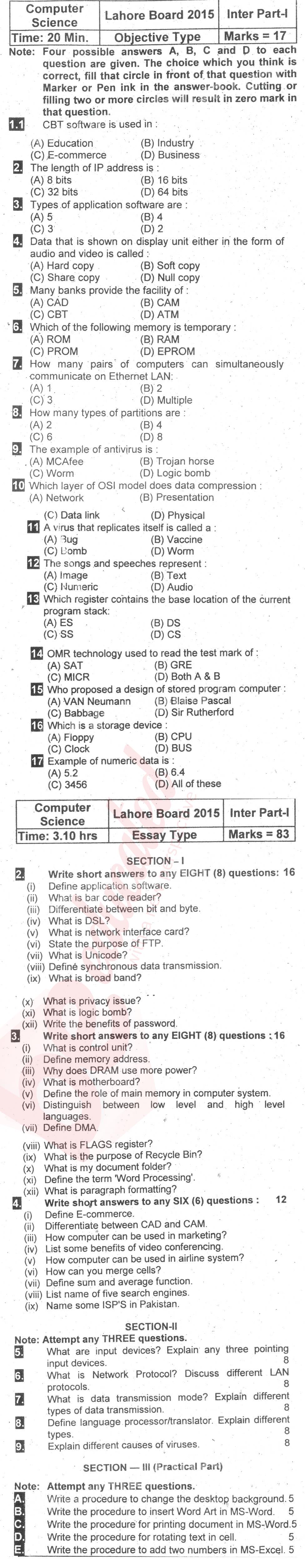 Computer Science ICS Part 1 Past Paper Group 1 BISE Lahore 2015