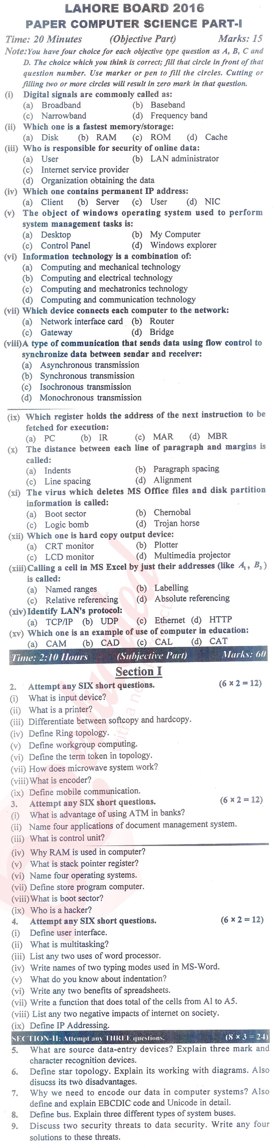 Computer Science ICS Part 1 Past Paper Group 1 BISE Lahore 2016