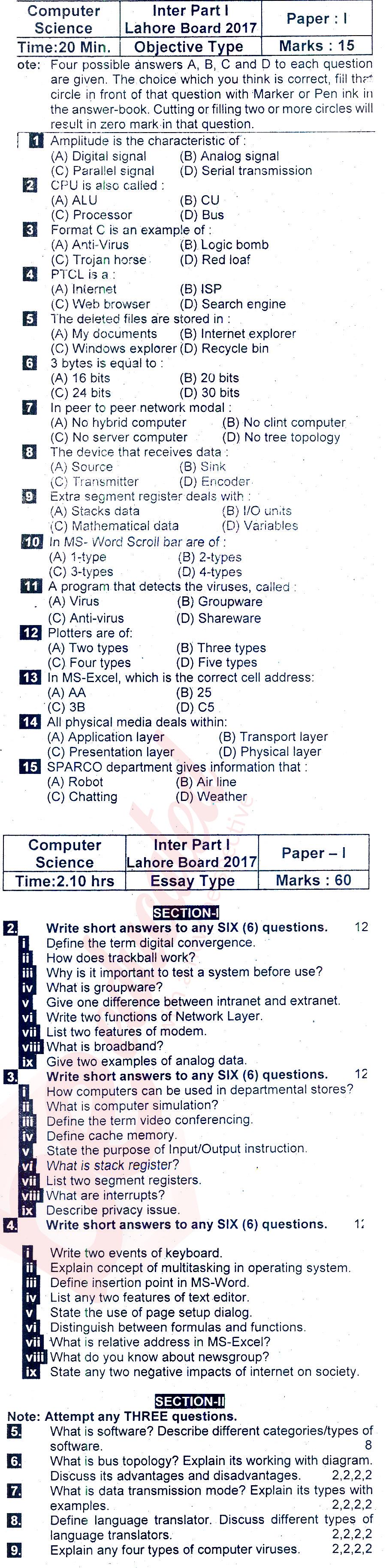 Computer Science ICS Part 1 Past Paper Group 1 BISE Lahore 2017