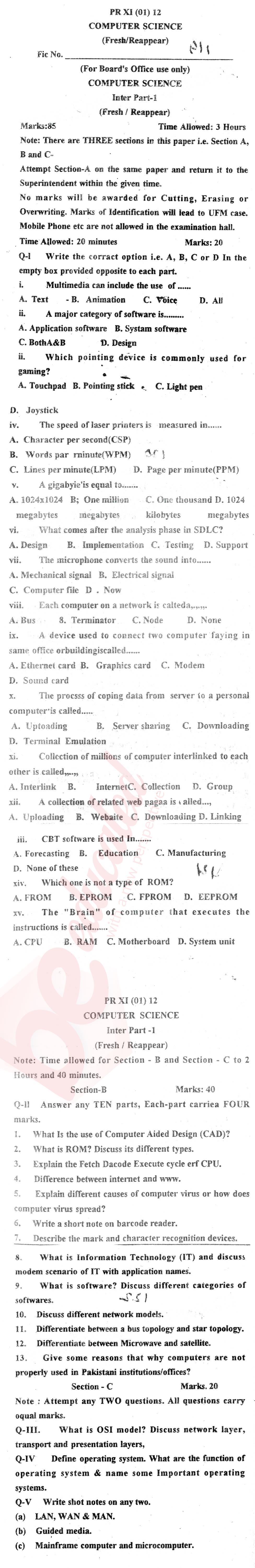 Computer Science ICS Part 1 Past Paper Group 1 BISE Malakand 2012