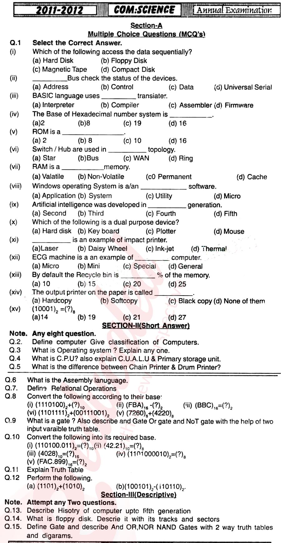 Computer Science ICS Part 1 Past Paper Group 1 BISE Mirpurkhas 2012