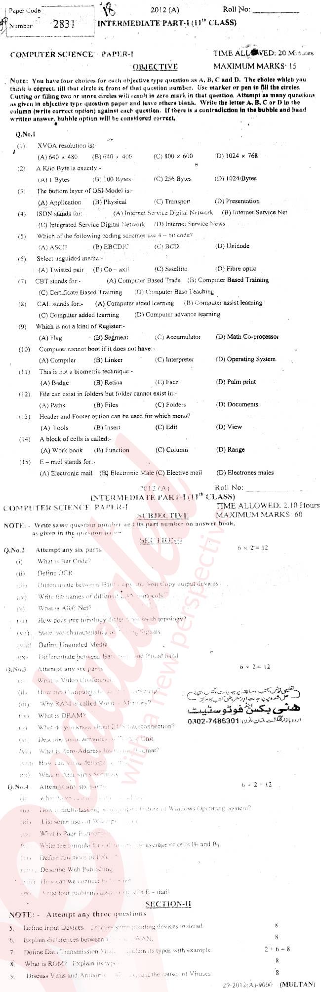 Computer Science ICS Part 1 Past Paper Group 1 BISE Multan 2012