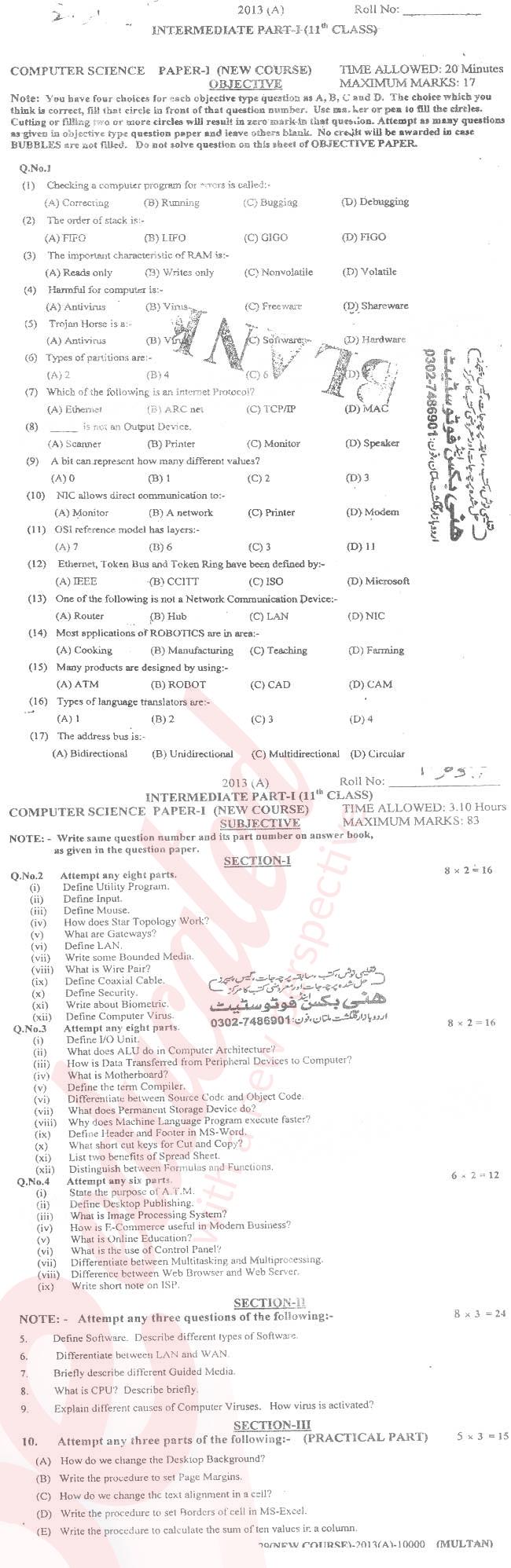 Computer Science ICS Part 1 Past Paper Group 1 BISE Multan 2013