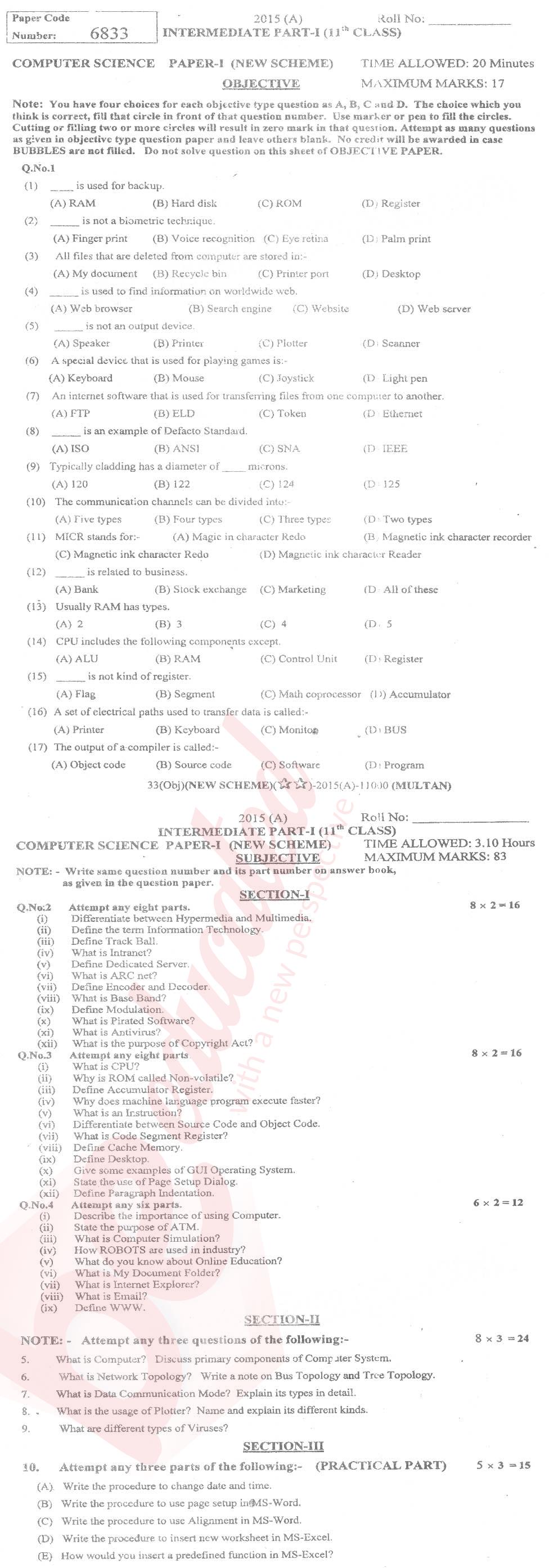 Computer Science ICS Part 1 Past Paper Group 1 BISE Multan 2015