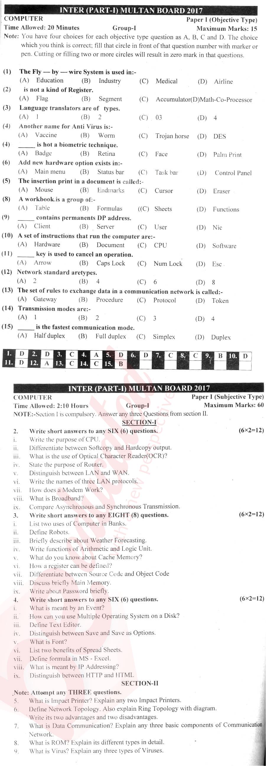 Computer Science ICS Part 1 Past Paper Group 1 BISE Multan 2017