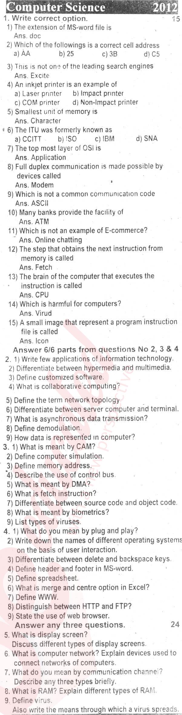 Computer Science ICS Part 1 Past Paper Group 1 BISE Rawalpindi 2012