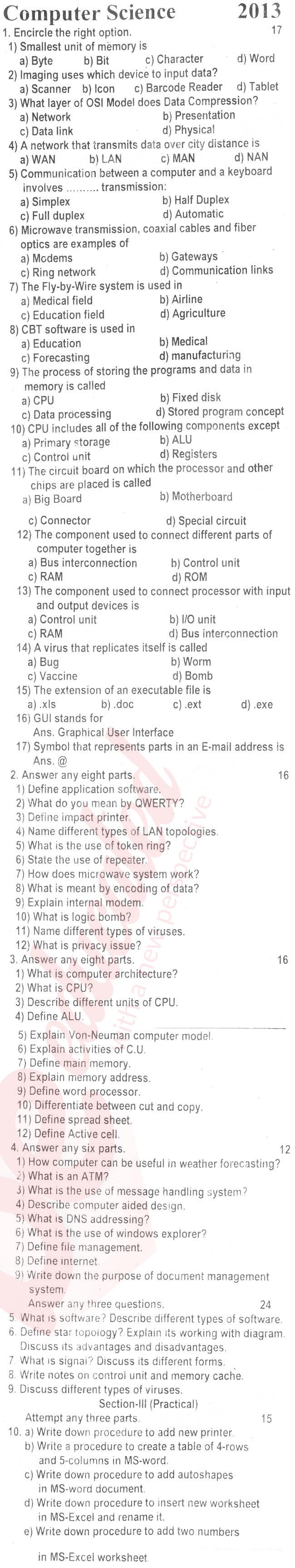 Computer Science ICS Part 1 Past Paper Group 1 BISE Rawalpindi 2013