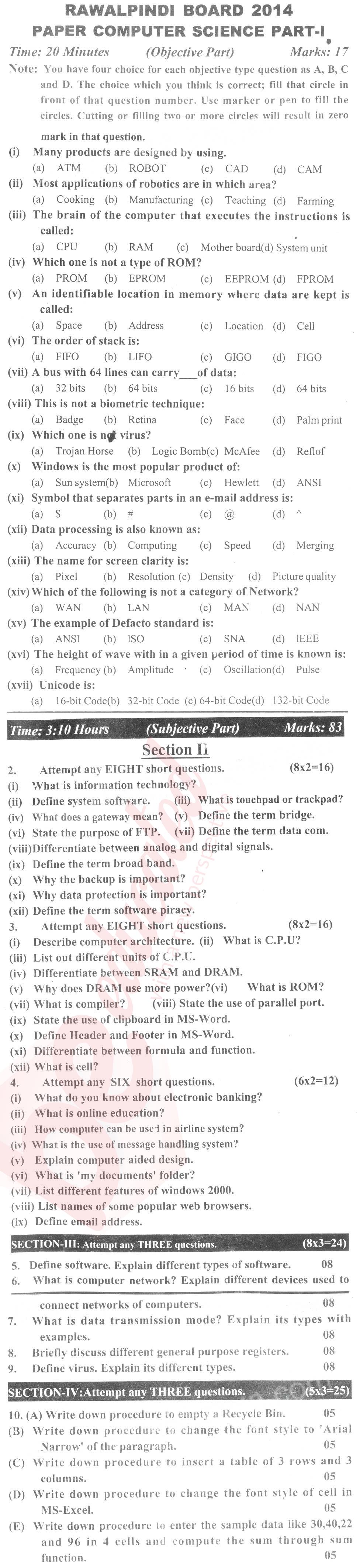 Computer Science ICS Part 1 Past Paper Group 1 BISE Rawalpindi 2014