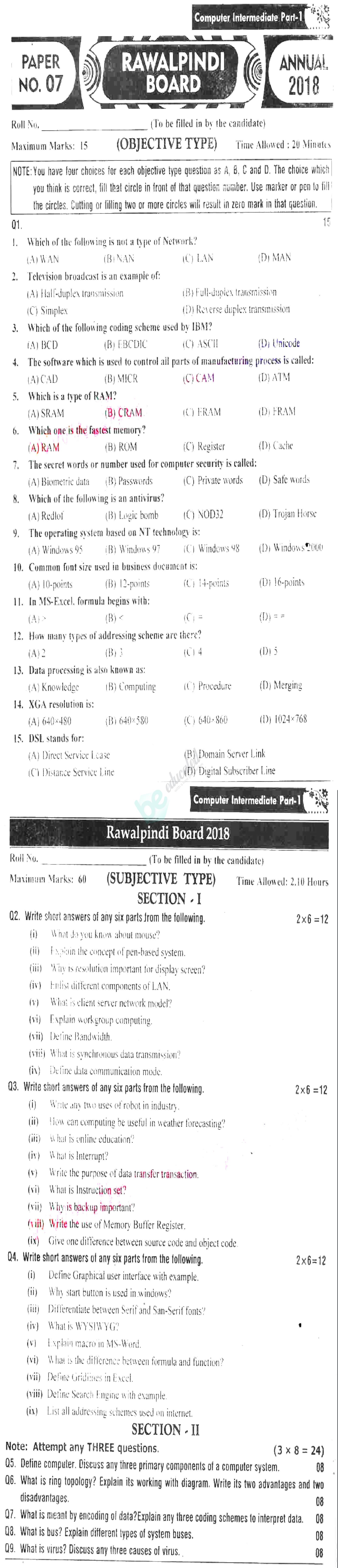 Computer Science ICS Part 1 Past Paper Group 1 BISE Rawalpindi 2018