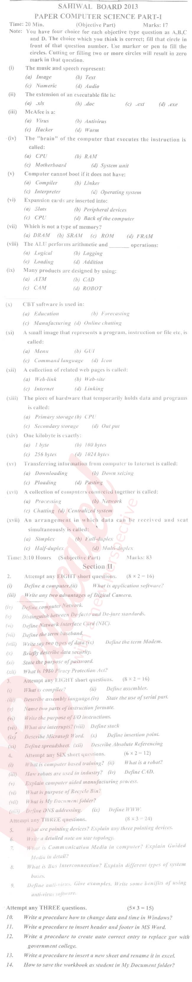 Computer Science ICS Part 1 Past Paper Group 1 BISE Sahiwal 2013