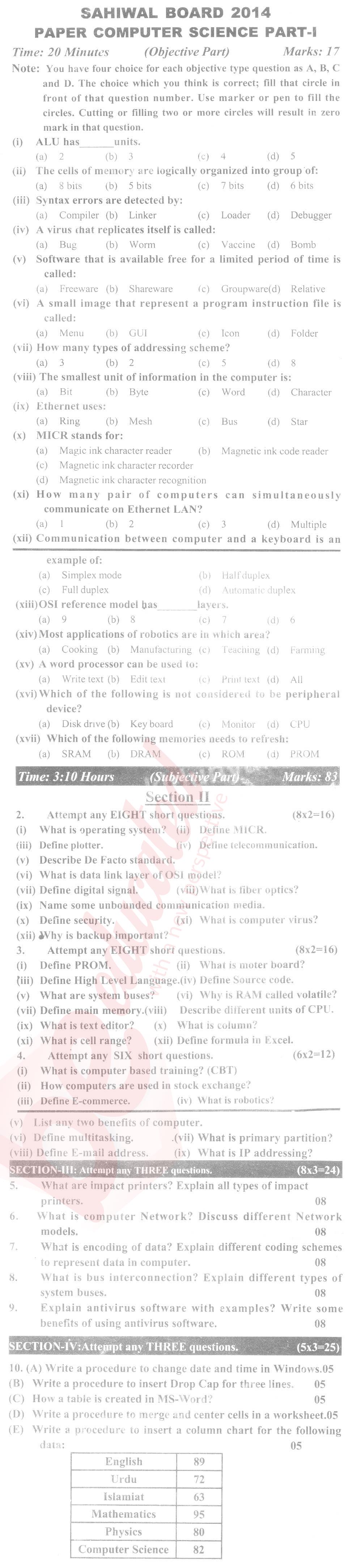 Computer Science ICS Part 1 Past Paper Group 1 BISE Sahiwal 2014