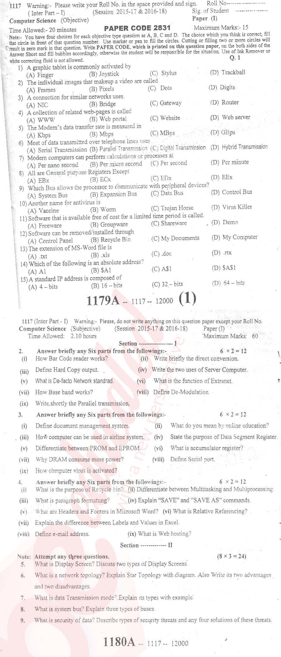 Computer Science ICS Part 1 Past Paper Group 1 BISE Sargodha 2017