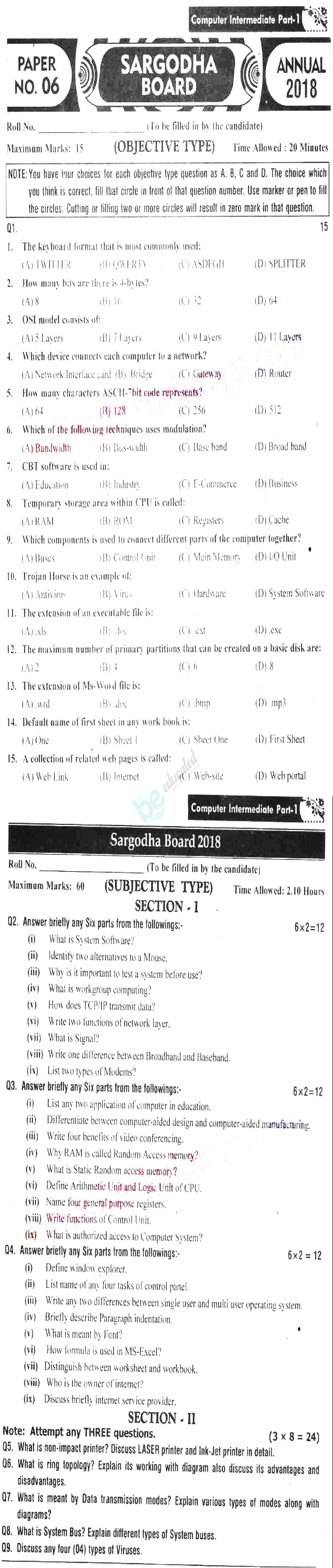 Computer Science ICS Part 1 Past Paper Group 1 BISE Sargodha 2018