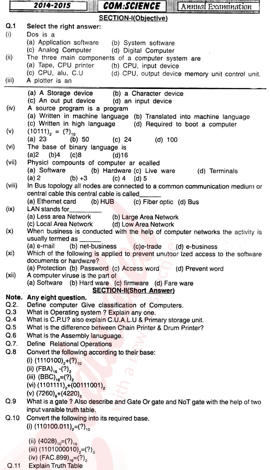 Computer Science ICS Part 1 Past Paper Group 1 BISE Sukkur 2015