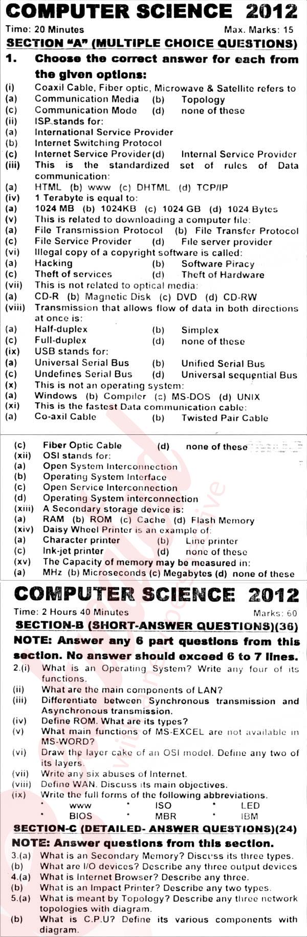 Computer Science ICS Part 1 Past Paper Group 1 KPBTE 2012
