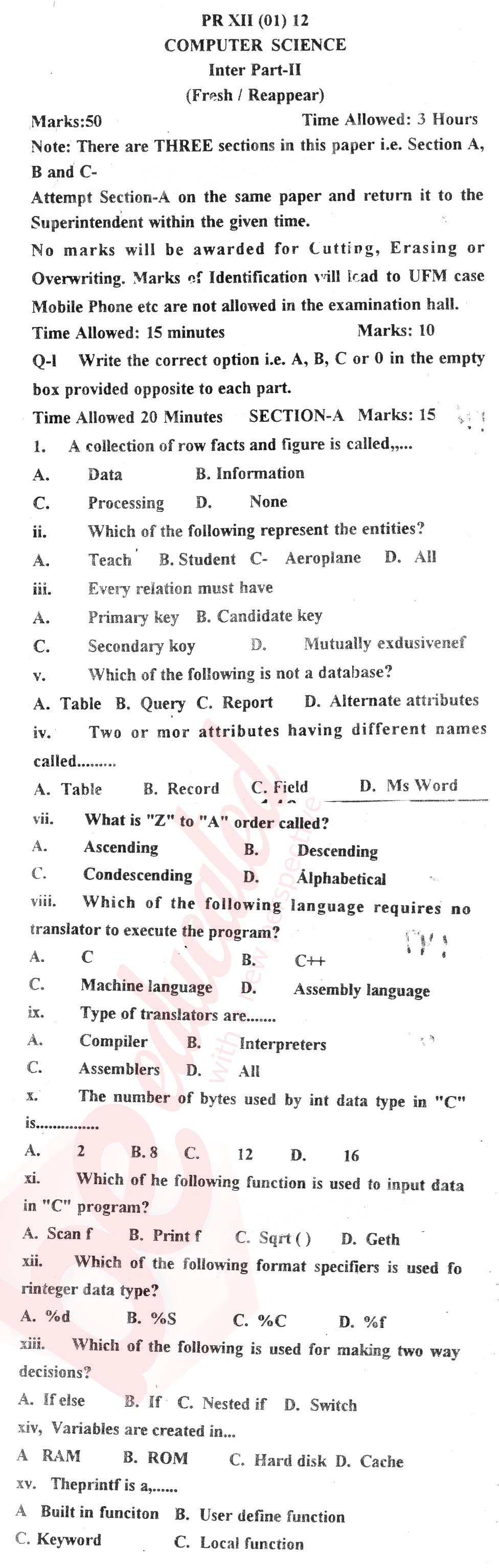 Computer Science ICS Part 2 Past Paper Group 1 BISE Abbottabad 2012