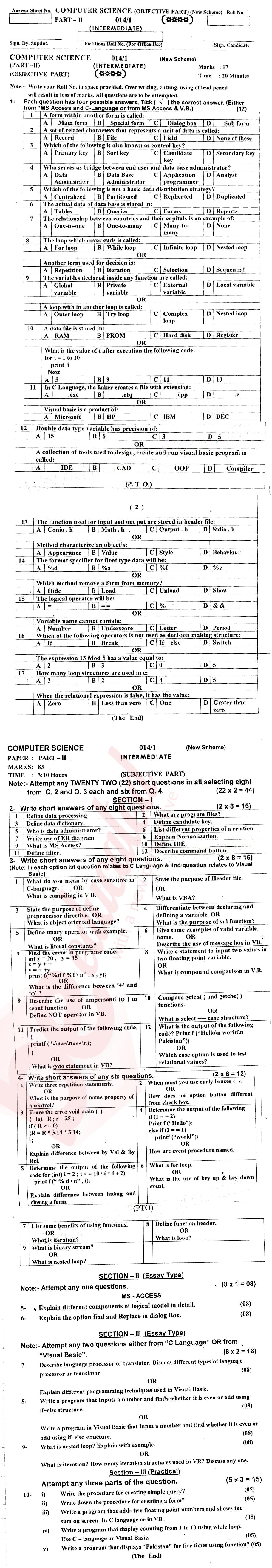 Computer Science ICS Part 2 Past Paper Group 1 BISE AJK 2014