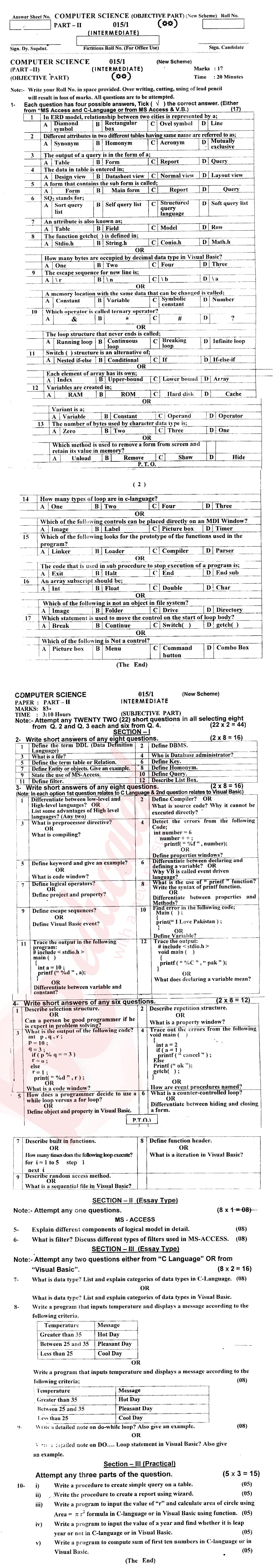 Computer Science ICS Part 2 Past Paper Group 1 BISE AJK 2015