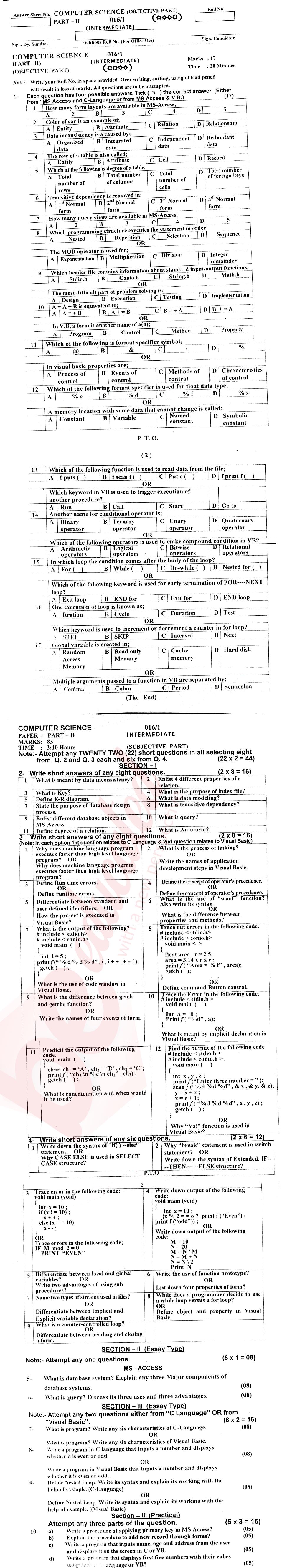 Computer Science ICS Part 2 Past Paper Group 1 BISE AJK 2016