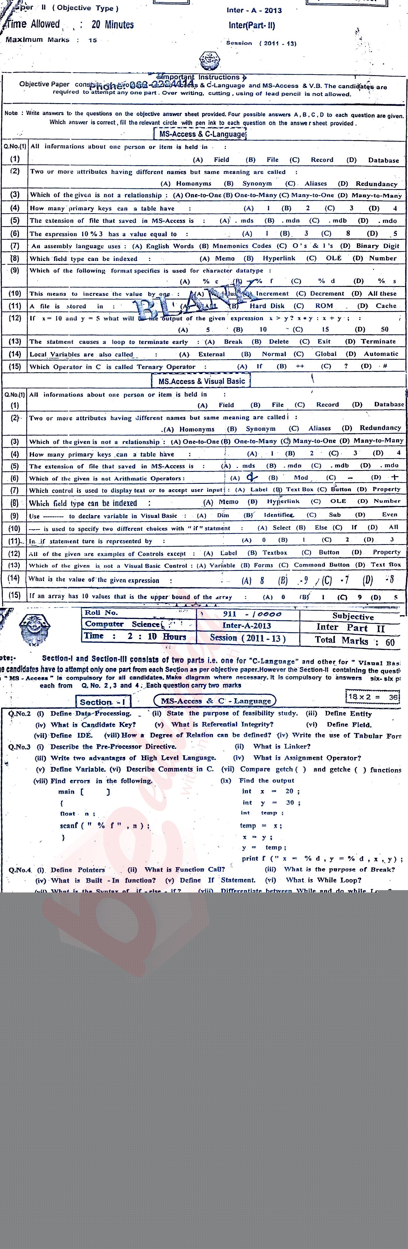 Computer Science ICS Part 2 Past Paper Group 1 BISE Bahawalpur 2013