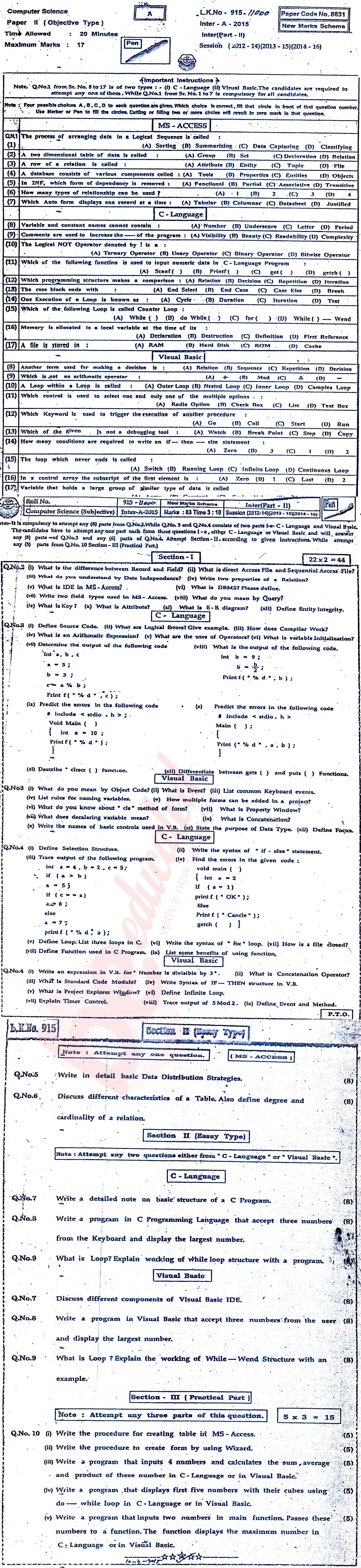 Computer Science ICS Part 2 Past Paper Group 1 BISE Bahawalpur 2015