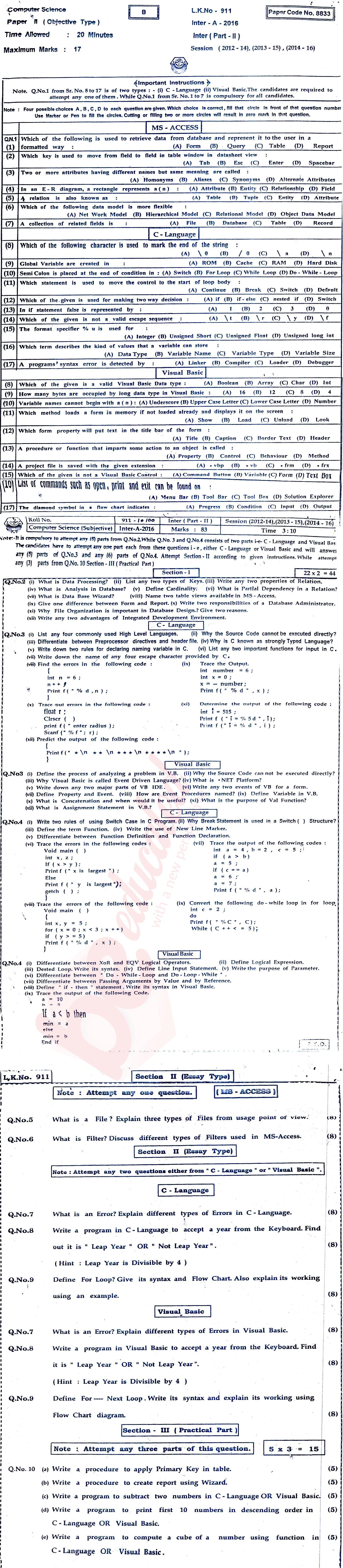 Computer Science ICS Part 2 Past Paper Group 1 BISE Bahawalpur 2016