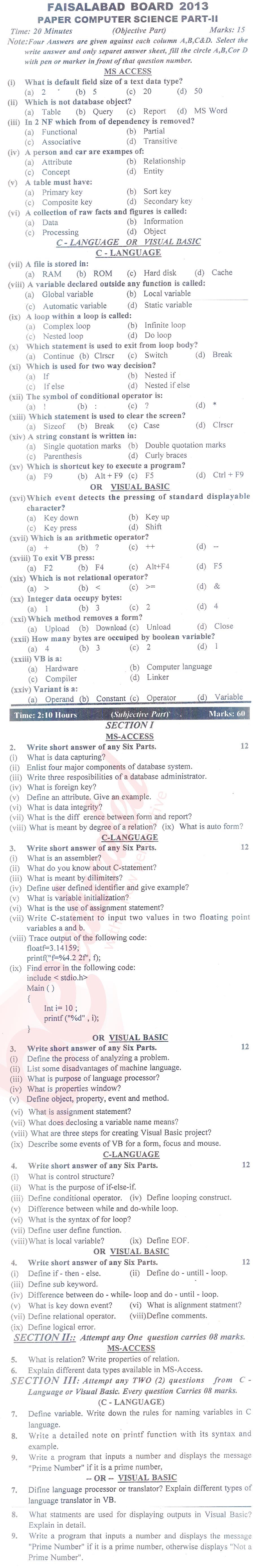 Computer Science ICS Part 2 Past Paper Group 1 BISE Faisalabad 2013