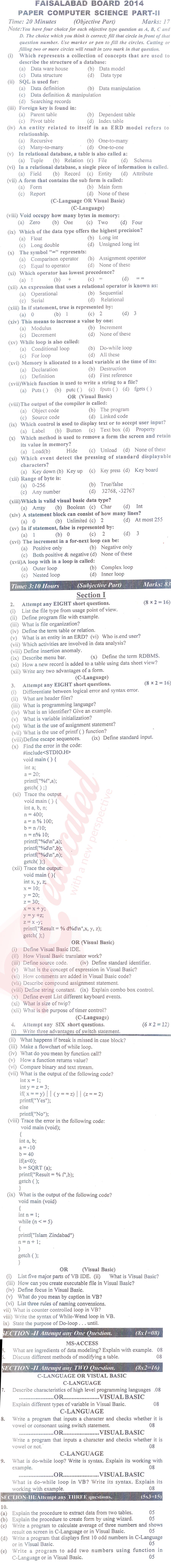 Computer Science ICS Part 2 Past Paper Group 1 BISE Faisalabad 2014