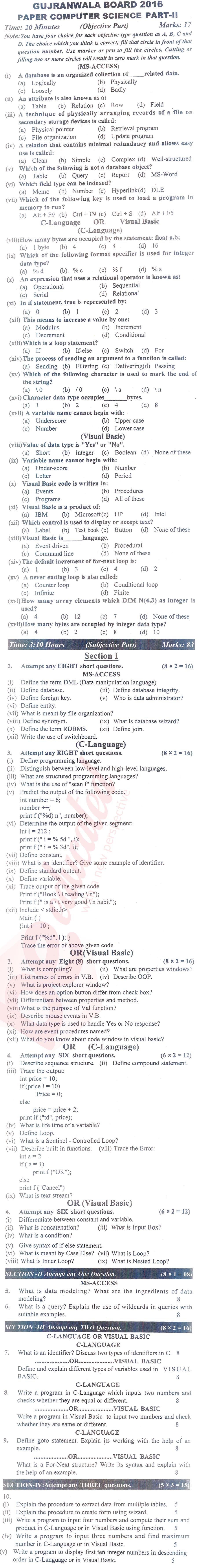 Computer Science ICS Part 2 Past Paper Group 1 BISE Gujranwala 2016