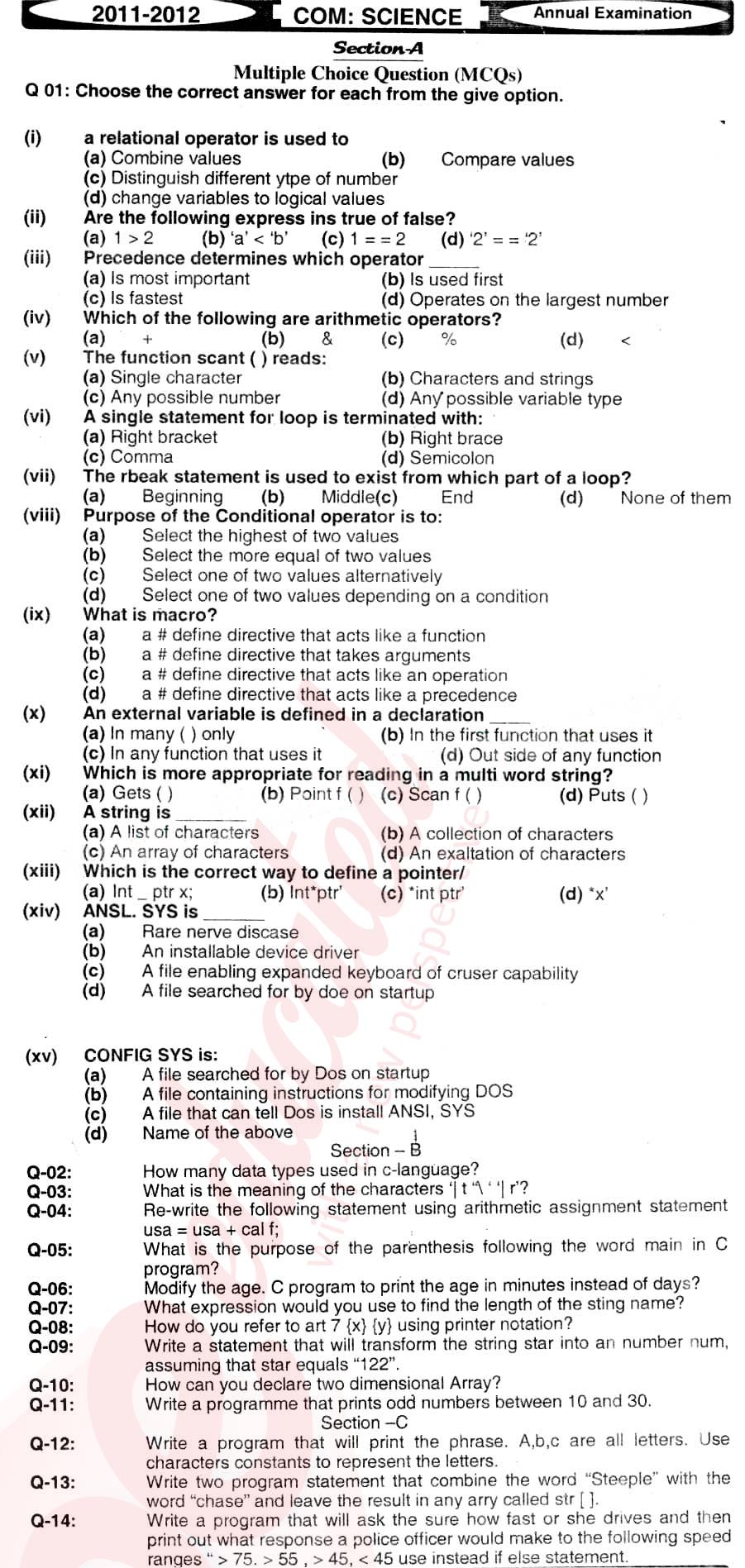 Computer Science ICS Part 2 Past Paper Group 1 BISE Hyderabad 2012