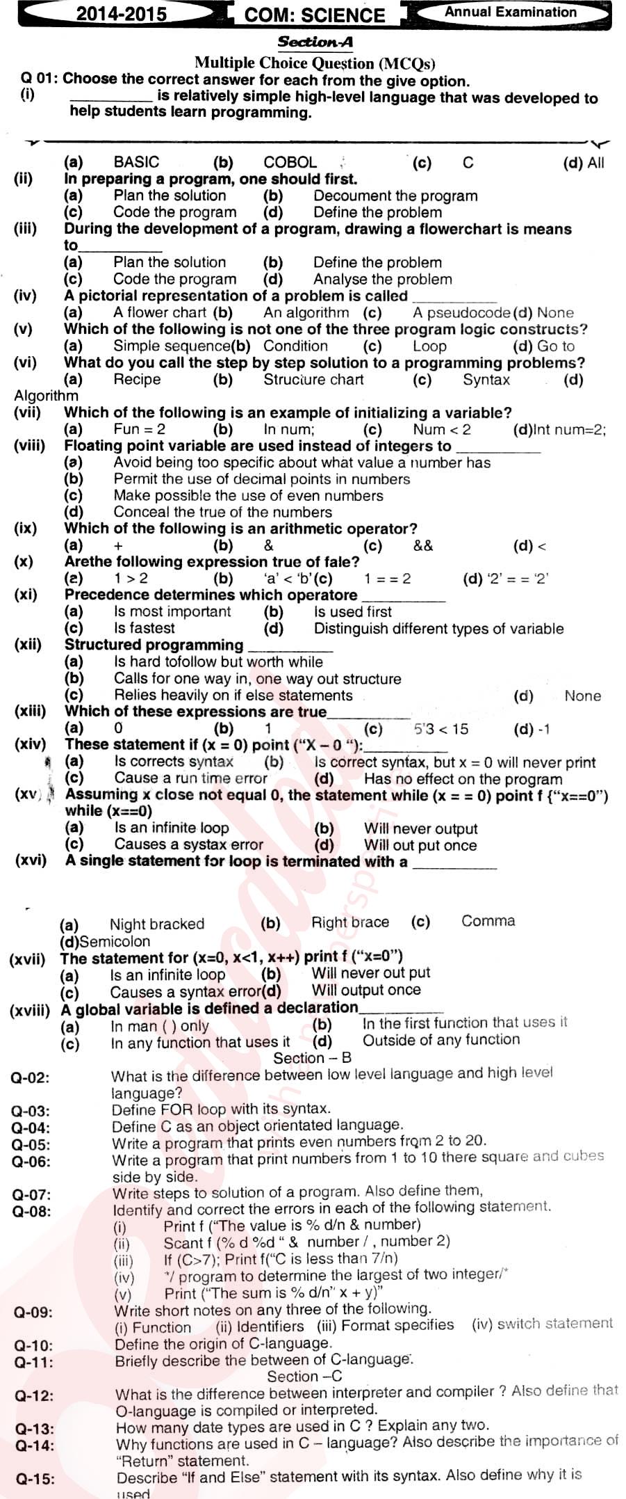 Computer Science ICS Part 2 Past Paper Group 1 BISE Hyderabad 2015