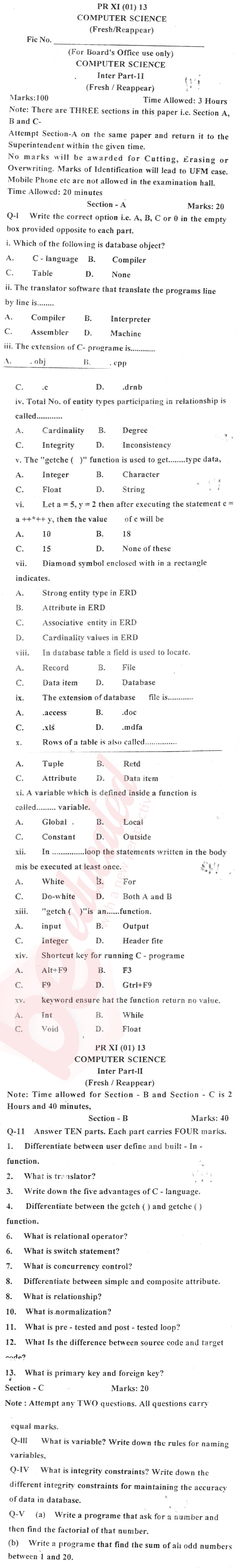 Computer Science ICS Part 2 Past Paper Group 1 BISE Kohat 2013