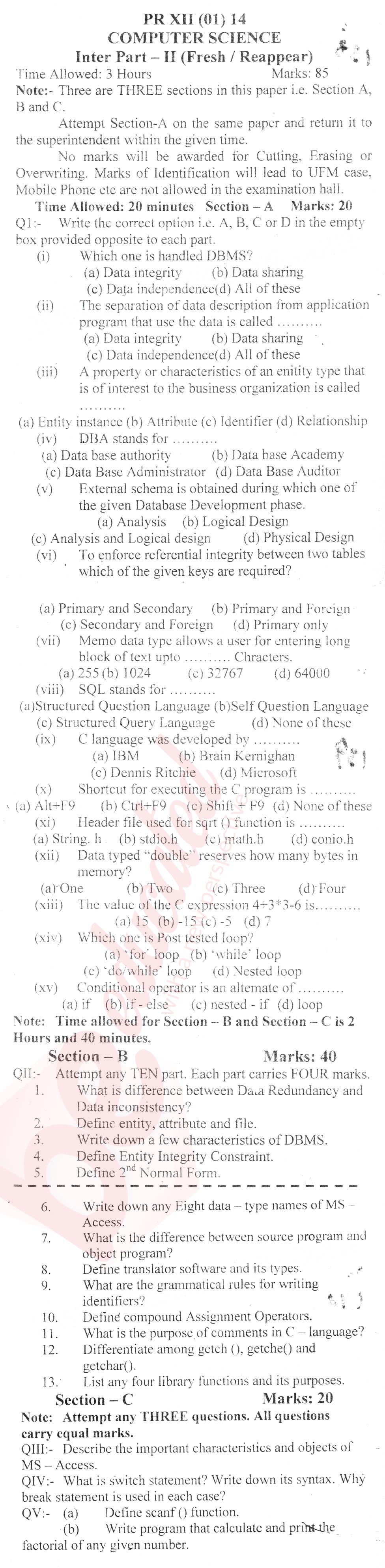 Computer Science ICS Part 2 Past Paper Group 1 BISE Kohat 2014