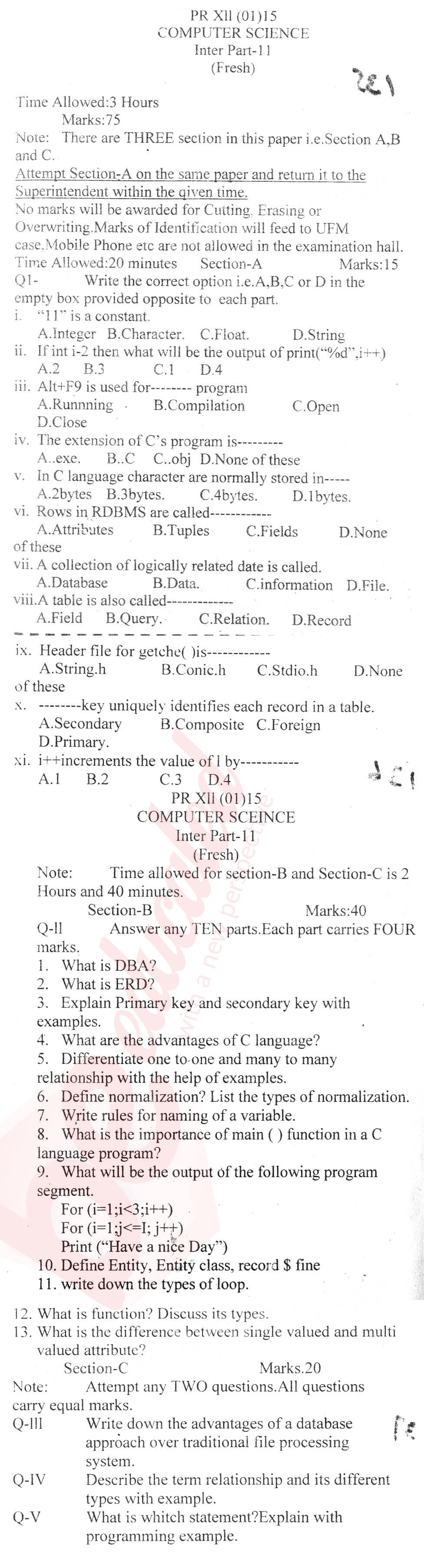 Computer Science ICS Part 2 Past Paper Group 1 BISE Kohat 2015