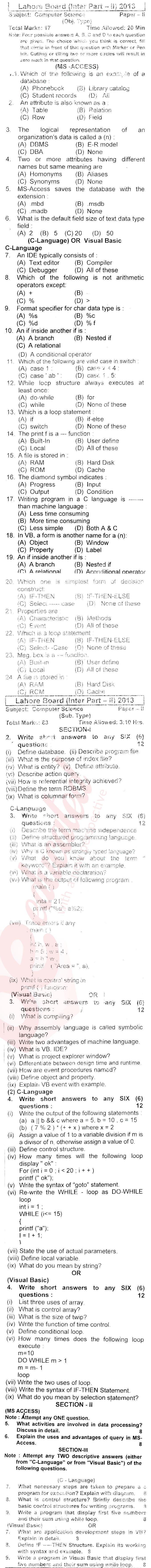 Computer Science ICS Part 2 Past Paper Group 1 BISE Lahore 2013