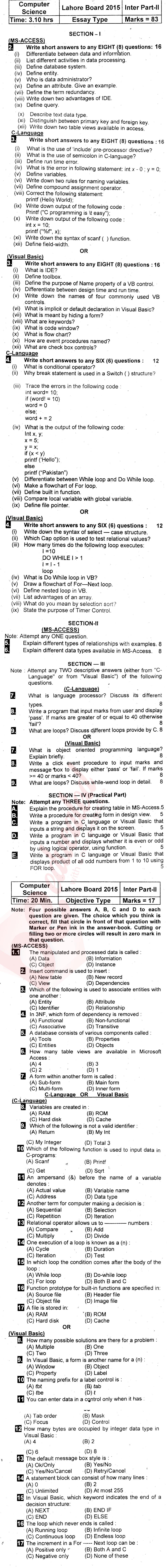 Computer Science ICS Part 2 Past Paper Group 1 BISE Lahore 2015